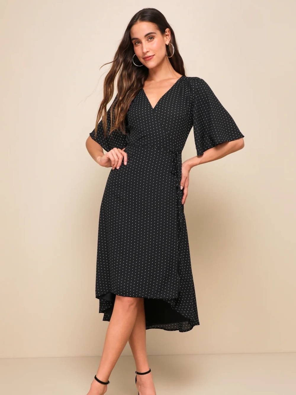Lulu's Farah Black Print Wrap Midi Dress